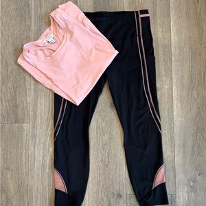 Athleta Peach Top and Black Cropped Leggings Set Large